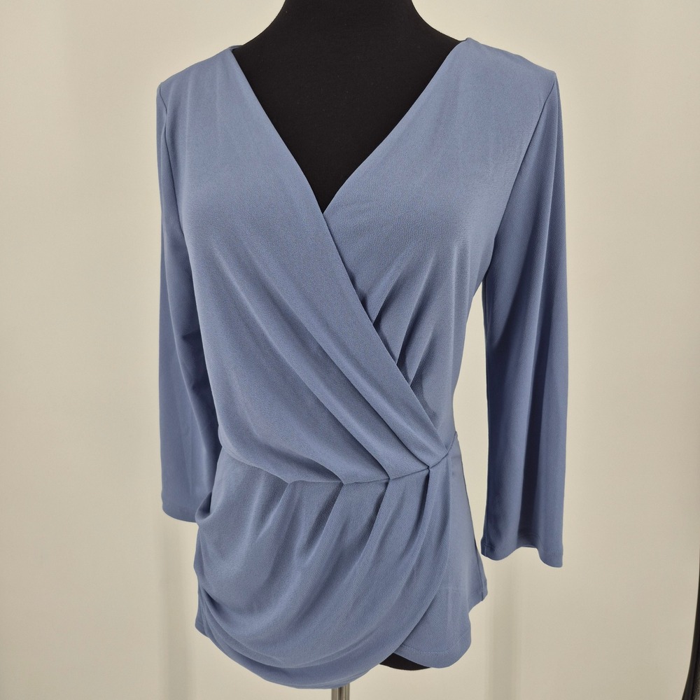 Ann Taylor Faux Wrap Top Blue V-Neck 3/4 Sleeve Blouse Small NWT 19950471